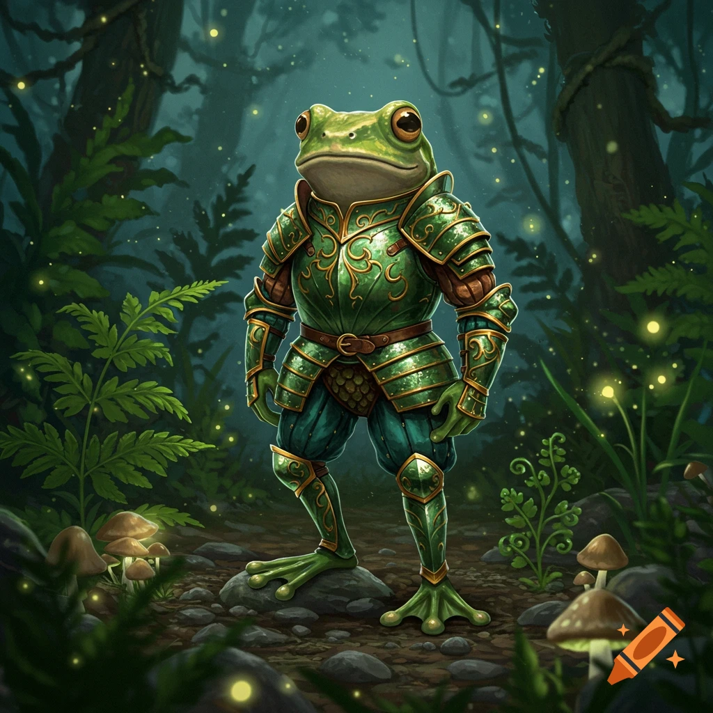 A frog warrior in ornate green and gold armor stands in a mystical forest with glowing fireflies and mushrooms.