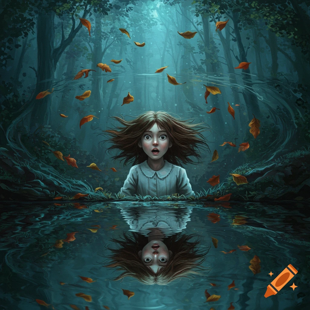 A startled young girl with wild hair in a mysterious, dark blue forest, with falling leaves and her reflection in water.