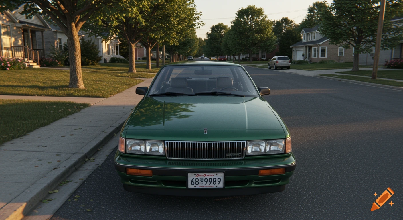 A front view of a green 1990s sedan parked on a suburban street lined with trees and houses, photorealistic.