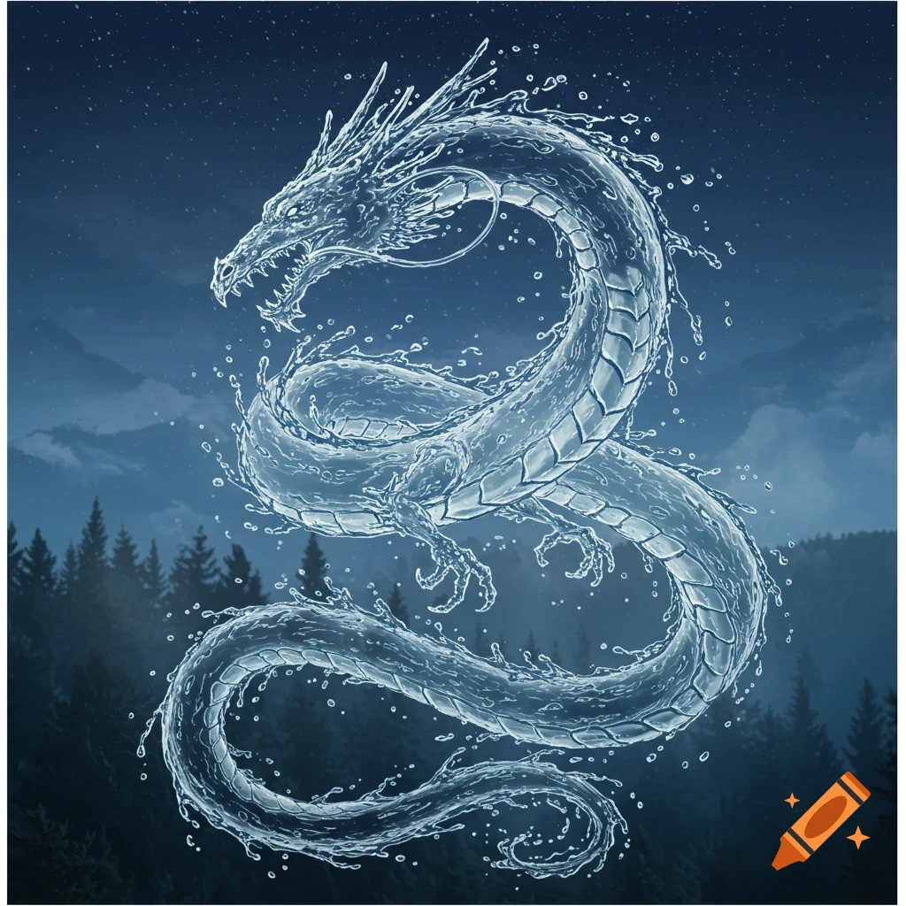 A majestic dragon made of splashing water floats in a starry night sky above a dark forest.