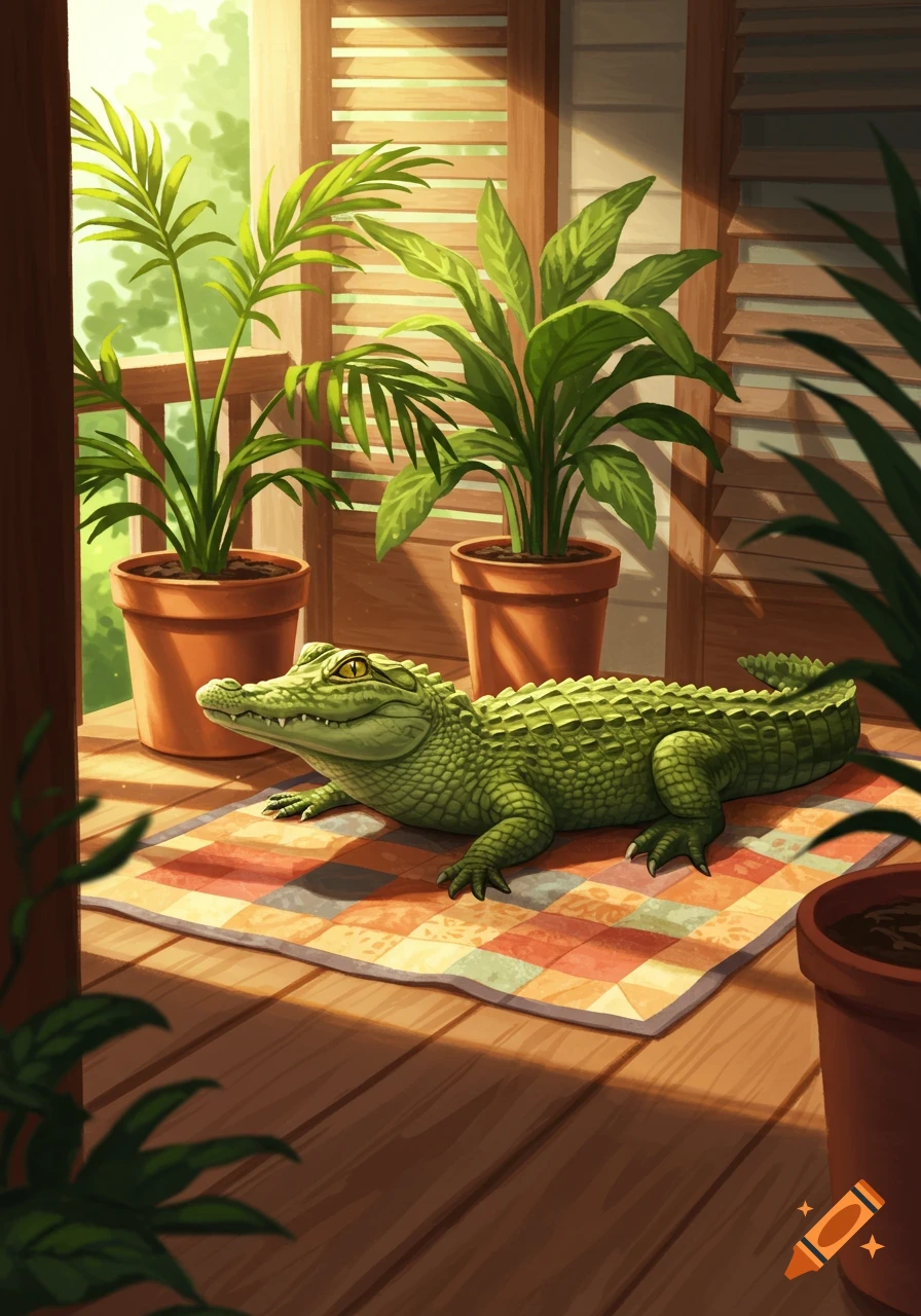 An illustration of a green alligator resting on a colorful checkered rug on a wooden porch with potted plants in sunlight.
