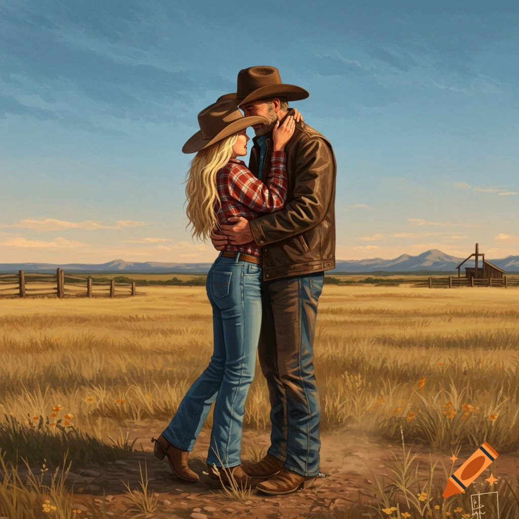 A cowboy and cowgirl embrace in a golden field under a blue sky, with distant mountains and a fence, in a painterly style.
