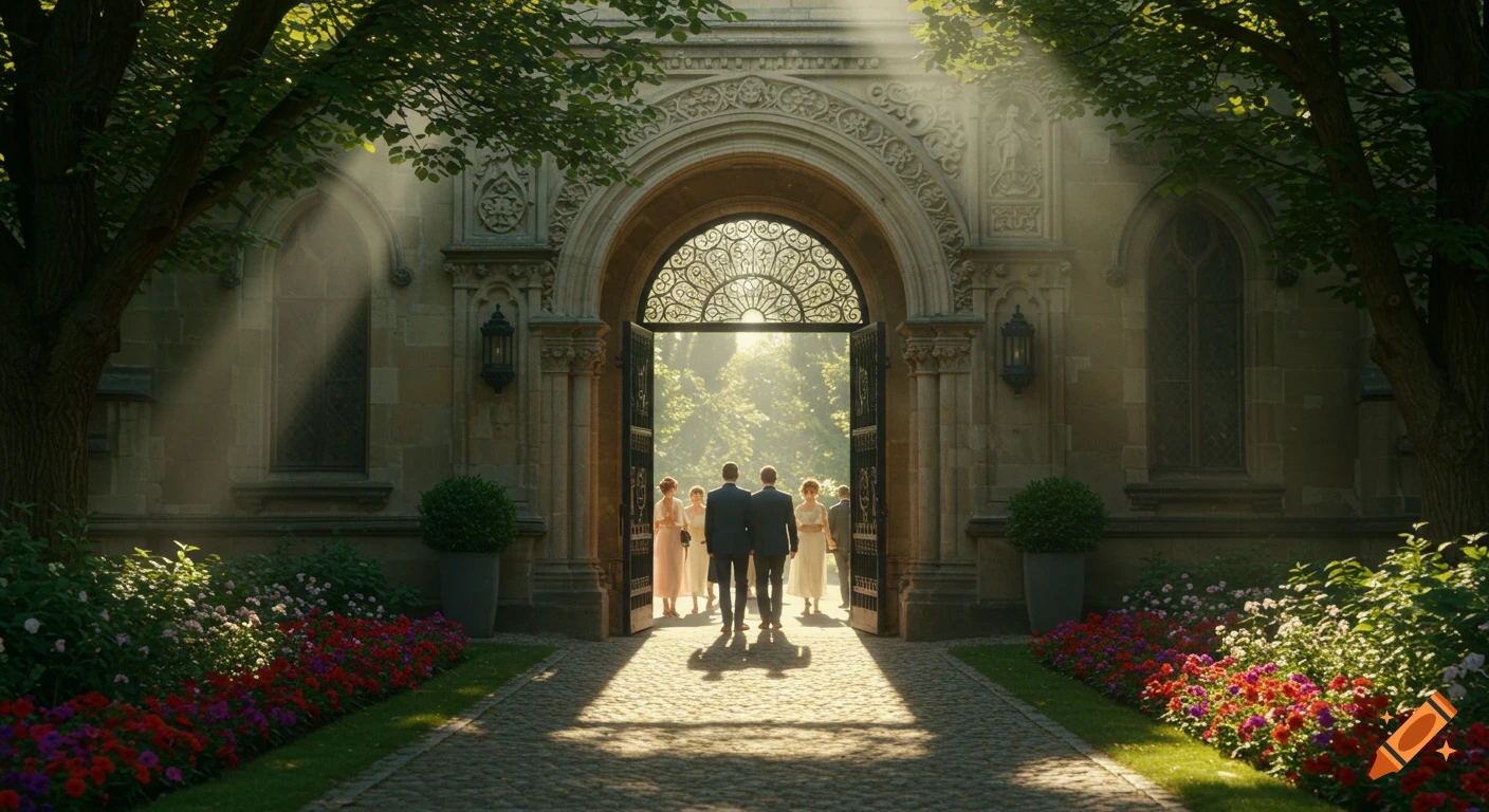 Two men in suits walk through a grand archway bathed in sunlight, surrounded by people, flowers, and trees.