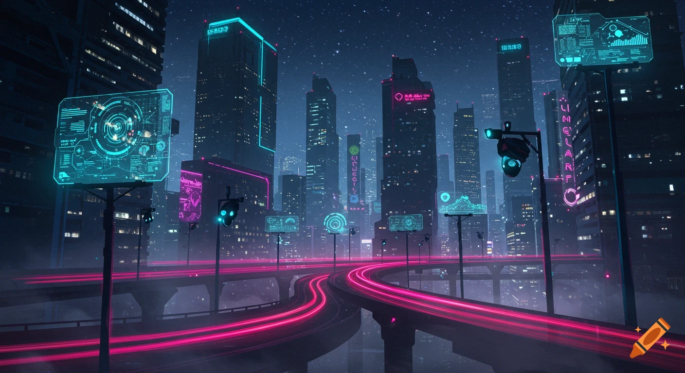 A vibrant cyberpunk city at night with neon lights and futuristic skyscrapers, featuring an elevated highway with pink light trails from vehicles and digital holographic displays.