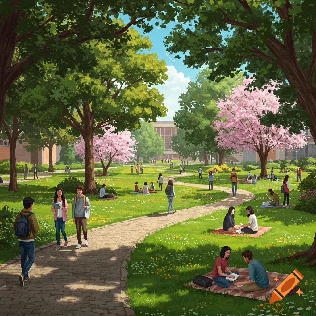 Vibrant illustration of a university campus in spring with students walking and relaxing on a grassy lawn under trees.