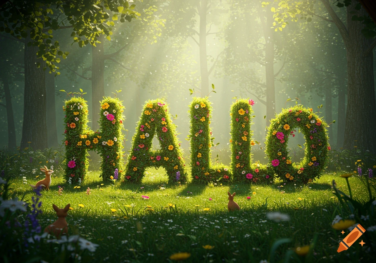 The word HALLO made of grass and colorful flowers stands in a sunlit forest clearing with small deer-like creatures.