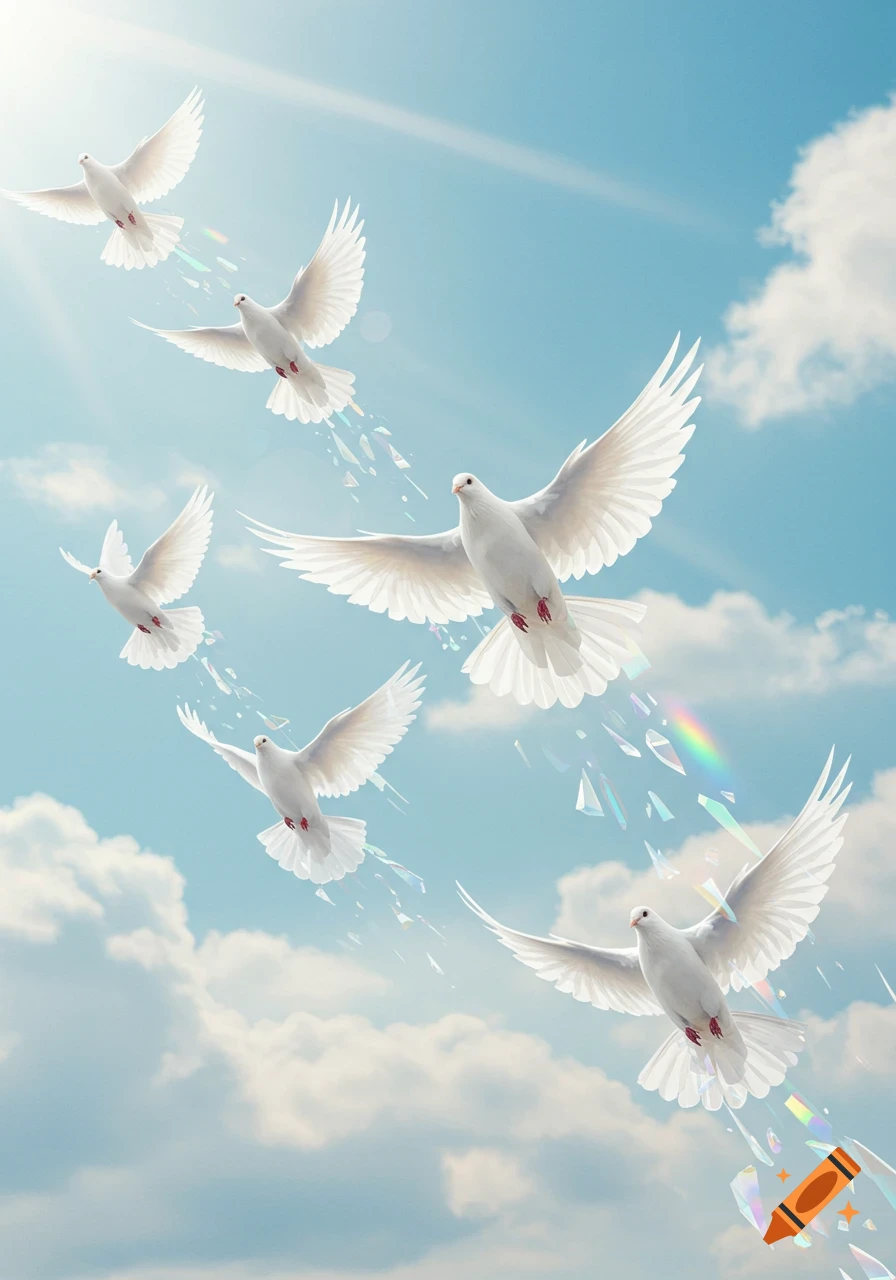 White doves fly diagonally across a sunny blue sky with clouds, leaving trails of geometric, prism-like shards, one with a rainbow.