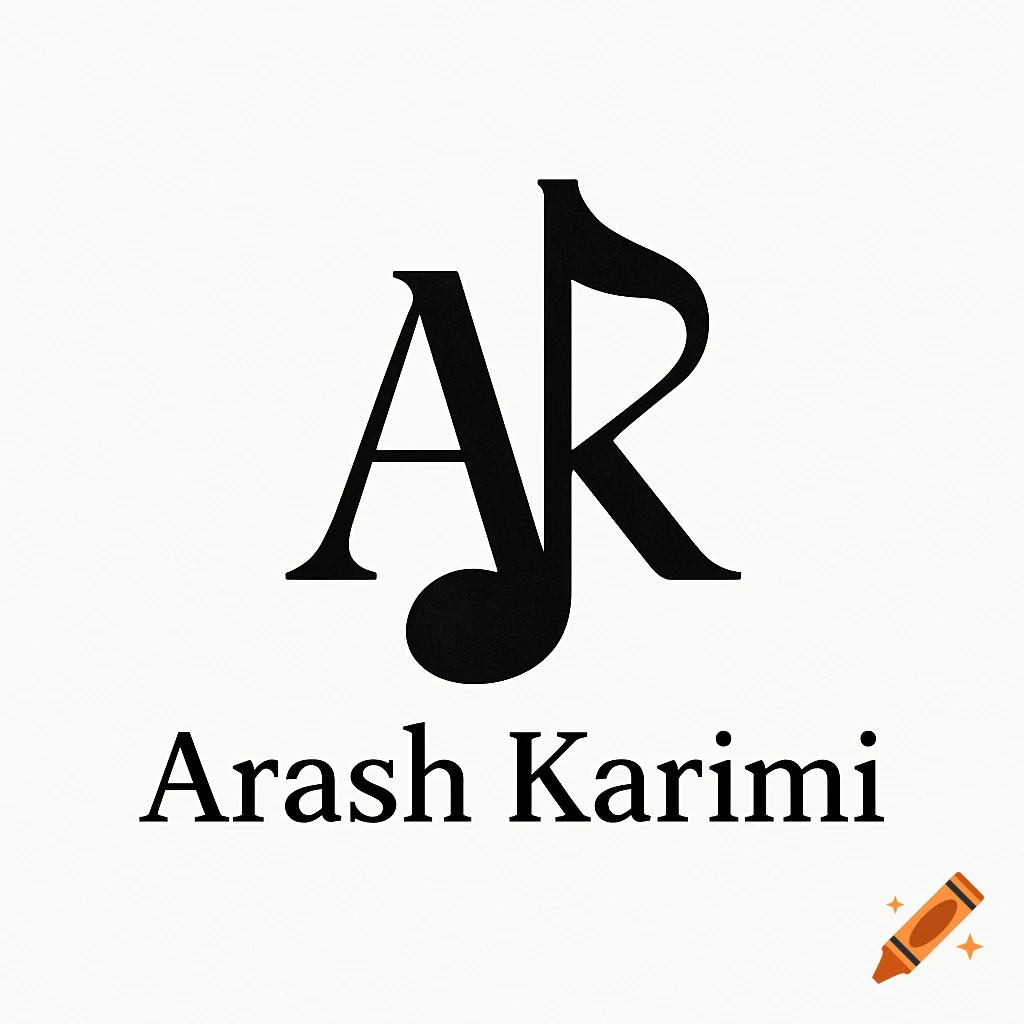 A black and white minimal logo featuring the letters "AR" stylized with a music note, above the text "Arash Karimi".