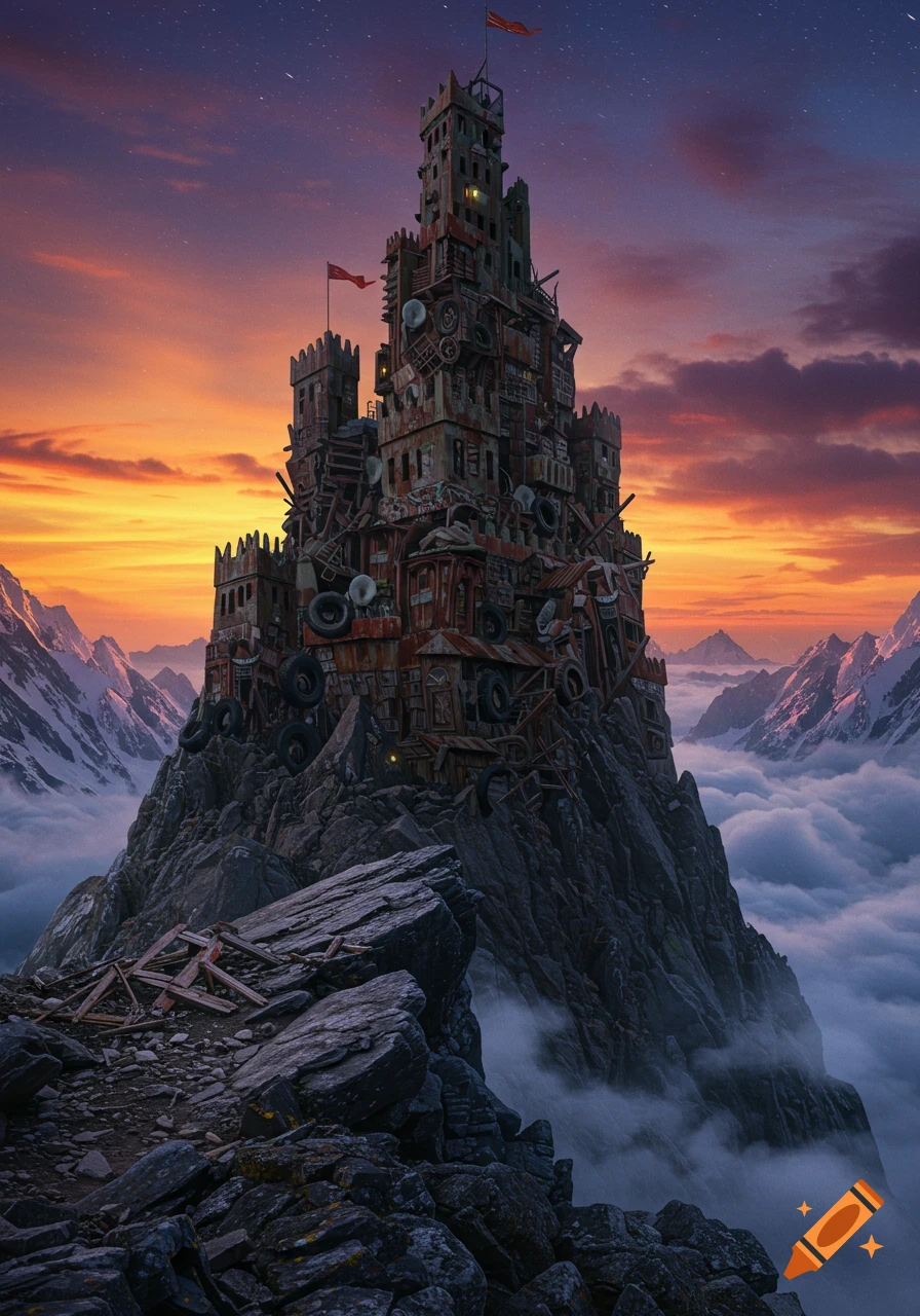 A photorealistic image of a tall castle built from trash and scrap materials, perched on a rocky mountain peak above clouds at sunset.