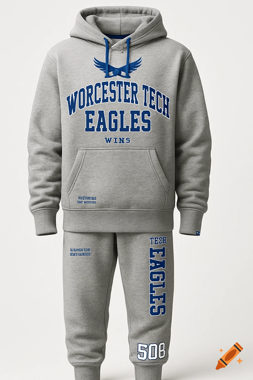 A heather gray hoodie and sweatpants set featuring royal blue varsity text. The hoodie reads "WORCESTER TECH EAGLES" with an eagle logo, and "WINS." The sweatpants have vertical "TE3H EAGLES" on the right leg and "508" on the left cuff, with some garbled text.