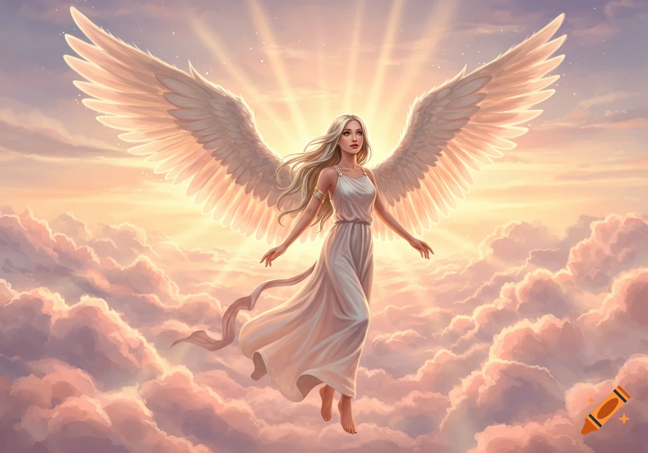 A blonde angel in a white dress with large white wings floats among pink and orange clouds with a bright sunset glow.