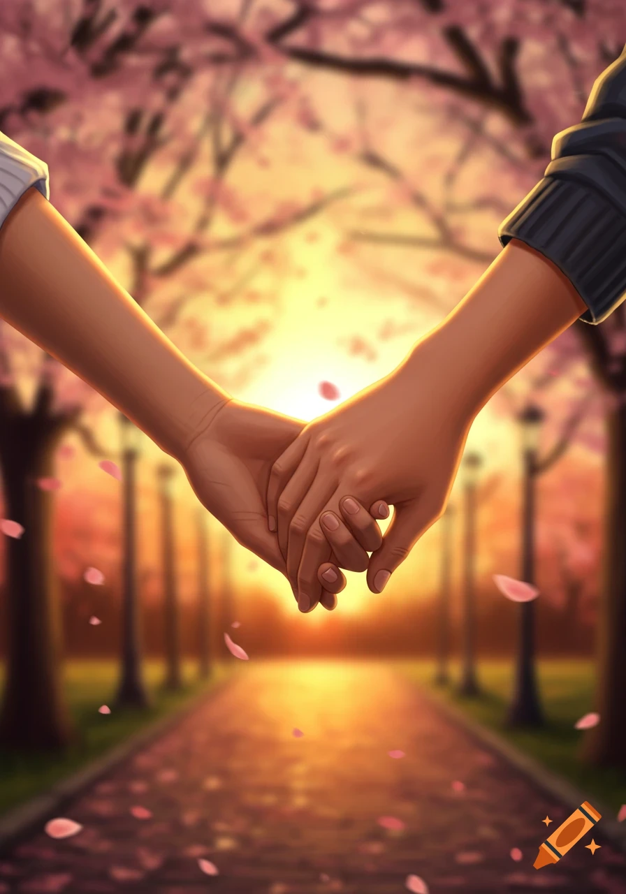 Close-up digital art of two hands holding in a park with falling cherry blossoms and a sunset background.