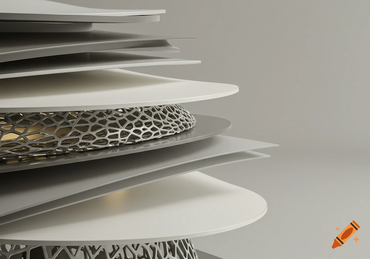 A minimalist abstract design featuring stacked grey and white layers with a metallic mesh structure in between.