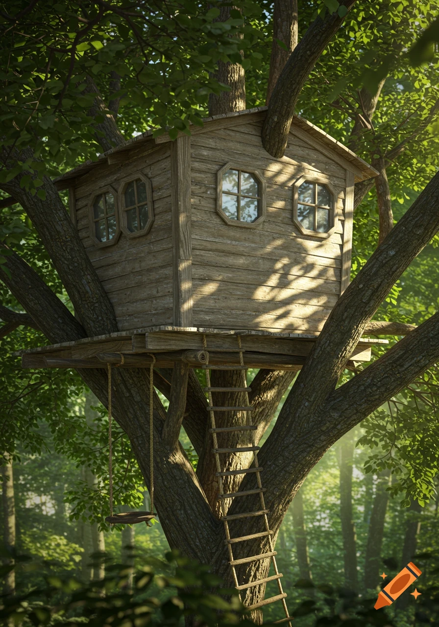 A rustic wooden treehouse with a rope ladder and swing, nestled in a lush green tree in a sun-dappled forest.