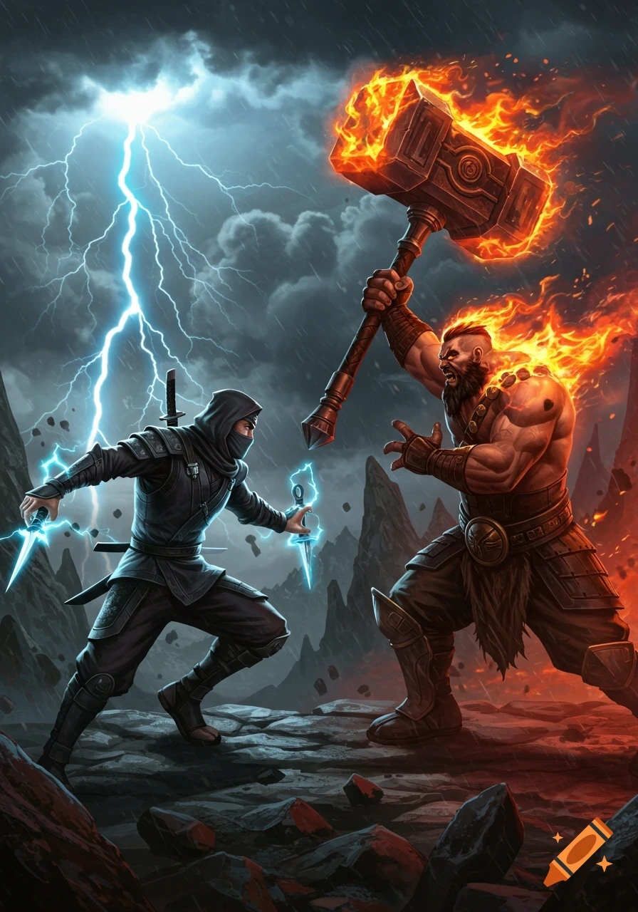 A black-clad ninja wielding lightning kunai battles a muscular, fire-clad barbarian with a flaming hammer under a stormy sky with lightning.