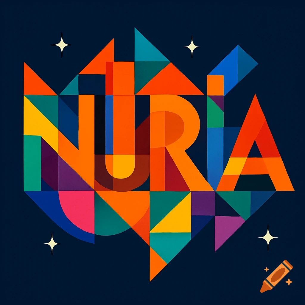 Colorful cubist geometric polygons form the name Nuria with stars on a dark blue background.