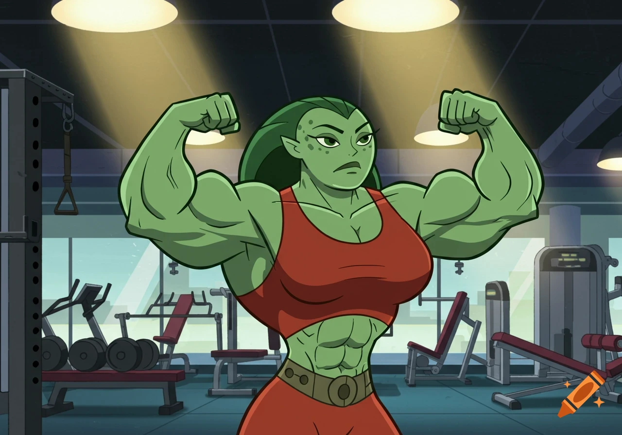 A muscular, green-skinned cartoon woman resembling Warmonga flexes her biceps in a gym.