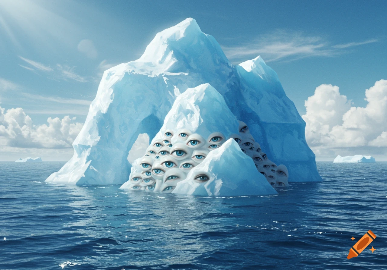 A surreal iceberg made of numerous human eyes with blue irises floats in a deep blue sea under a bright sky with clouds.