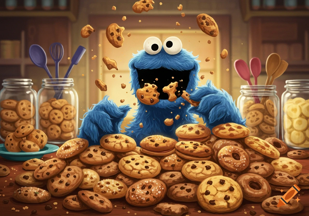 A blue, furry Cookie Monster enthusiastically devours a pile of chocolate chip cookies in a kitchen, with more cookies in jars.