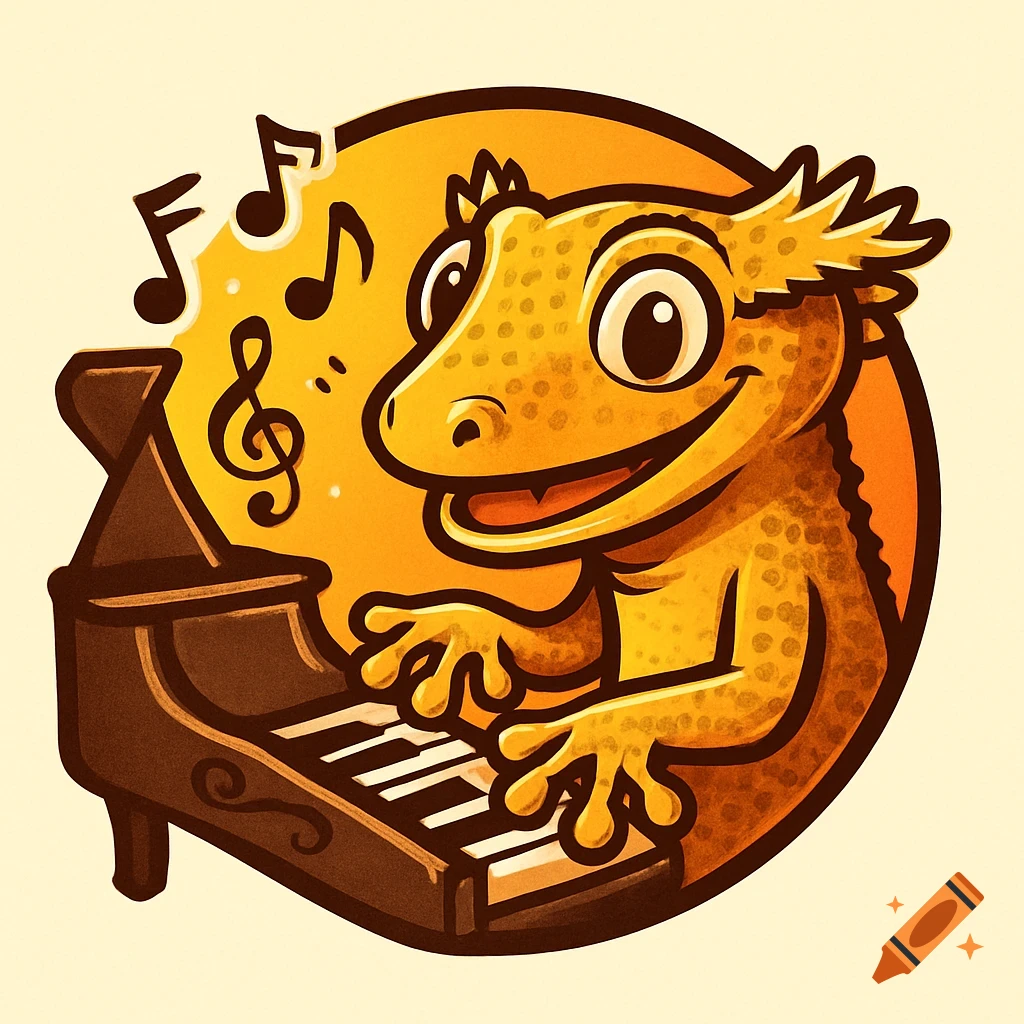 Cute cartoon logo of a crested gecko playing a piano with musical notes floating around.
