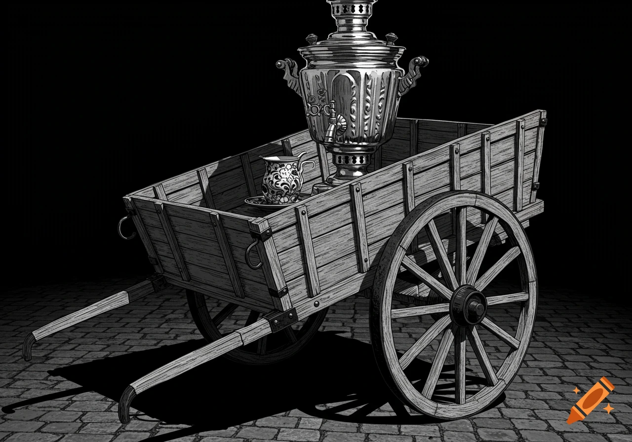 Black and white graphic illustration of an ornate samovar and a patterned cup in a wooden handcart on a cobblestone path.