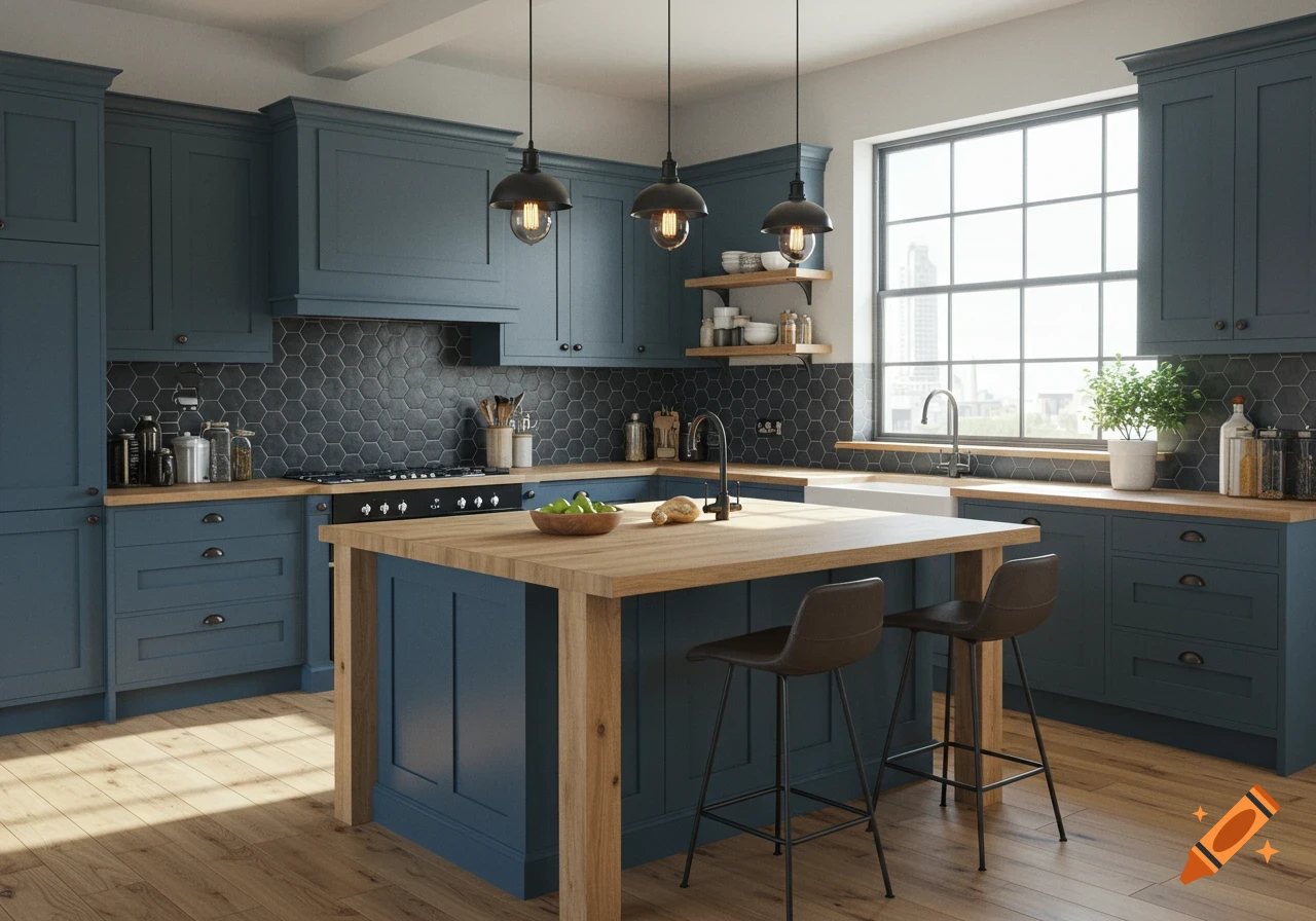Photorealistic warm-industrial kitchen with midnight-blue cabinets, a wooden island, hexagonal backsplash, and a large window.