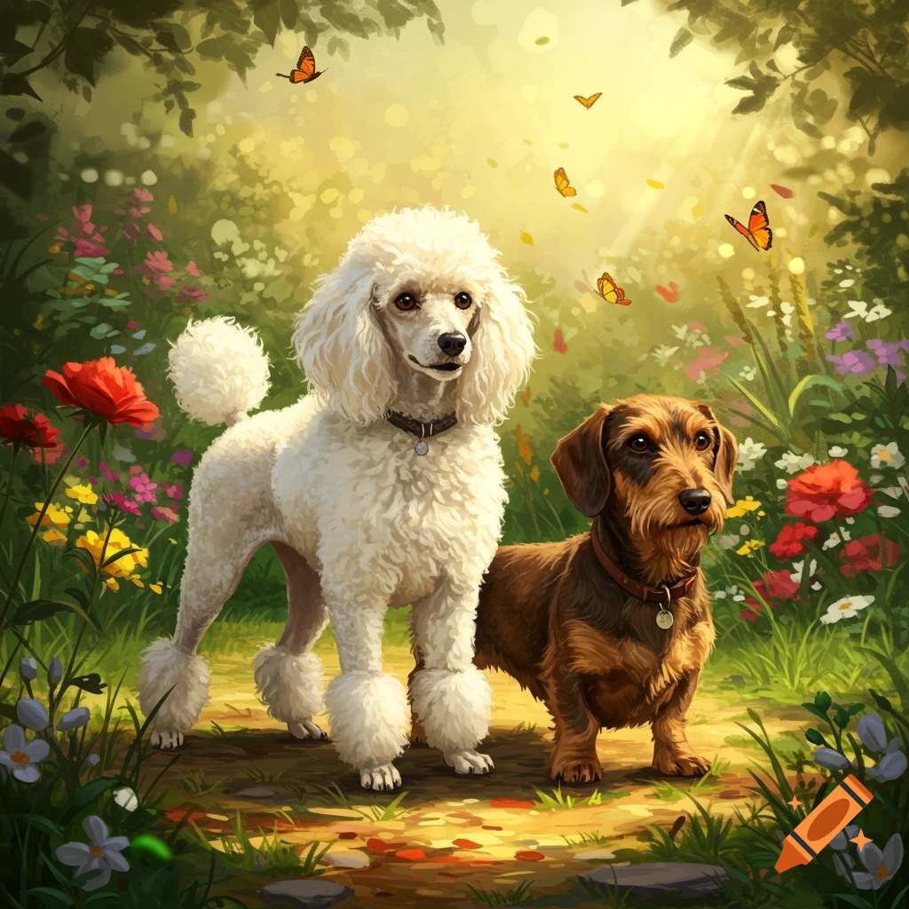 A white poodle and a brown wire-haired dachshund stand in a sunlit, vibrant garden with colorful flowers and butterflies.