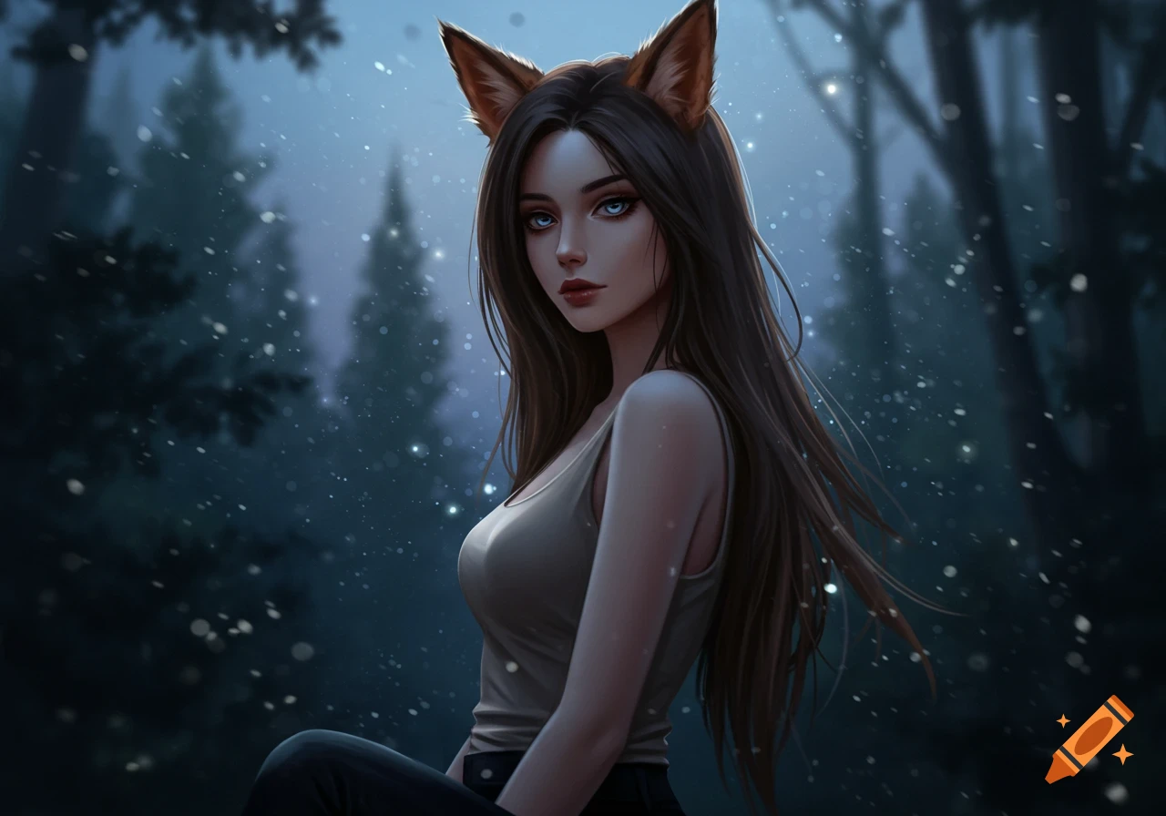 Digital painting of a fantasy woman with fox ears, long brown hair, and blue eyes, wearing a tank top in a snowy forest.