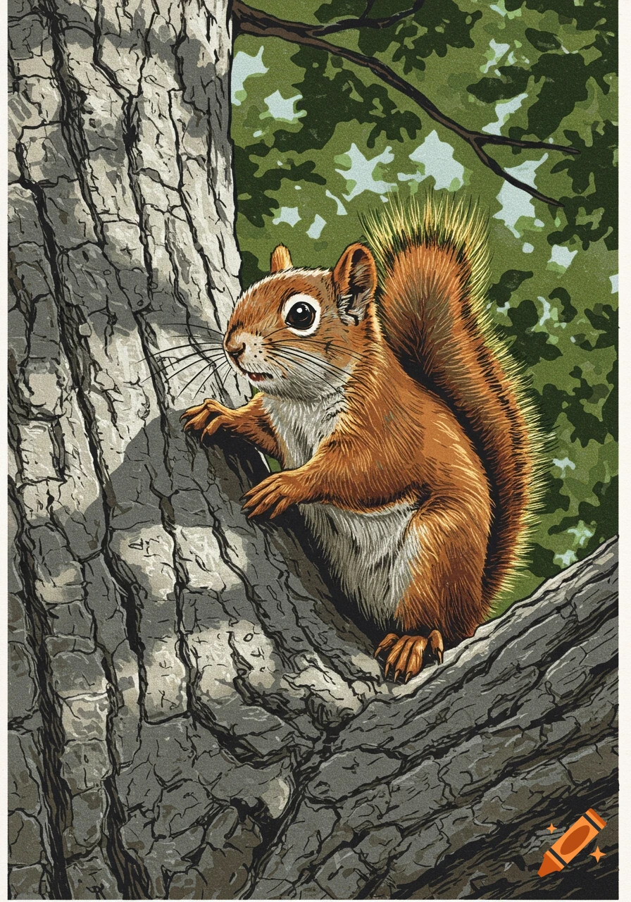 Silk-screen print of a reddish-brown squirrel climbing a textured tree trunk with green leaves in the background.