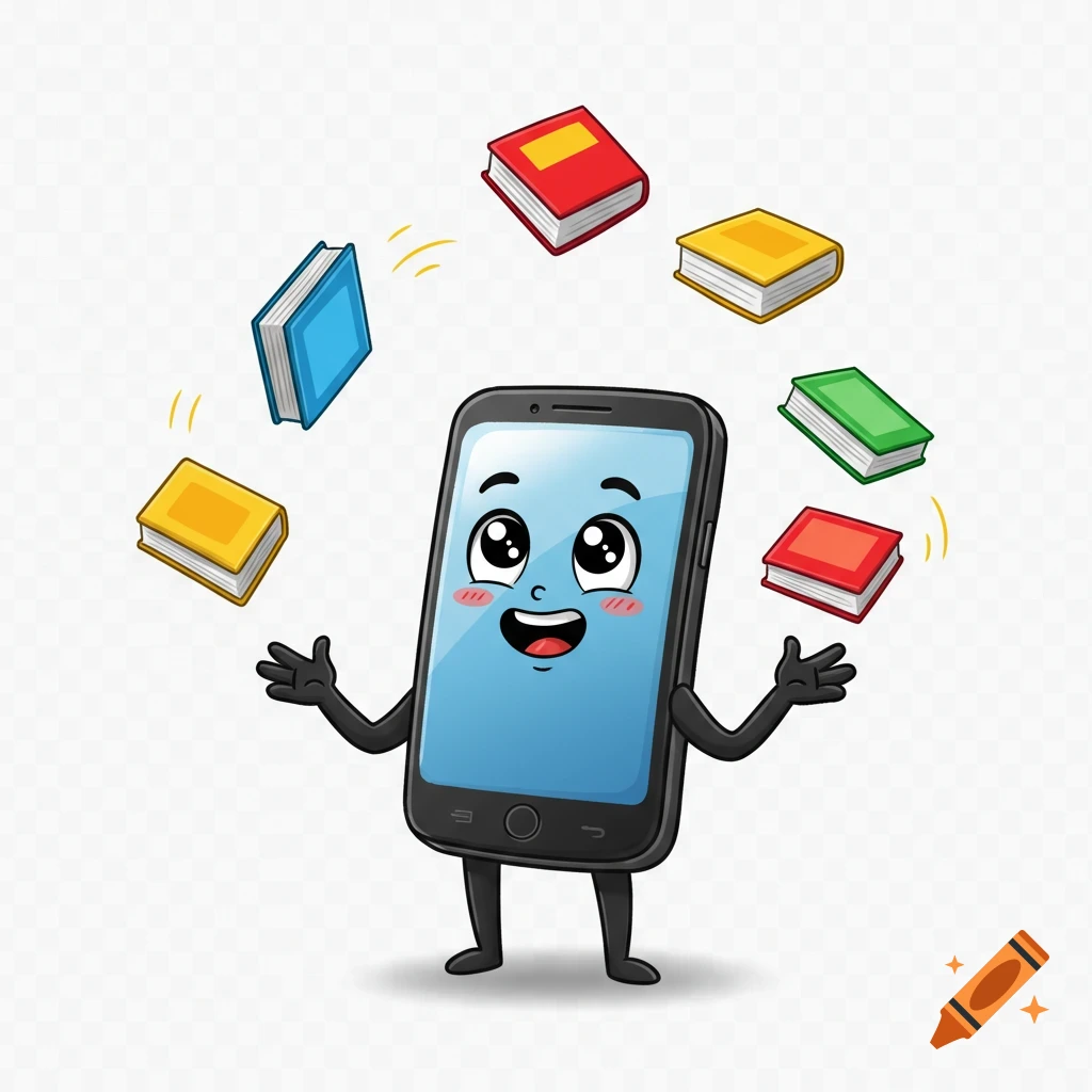 A cute cartoon smartphone with a smiling face, arms, and legs, juggling colorful books on a transparent background.