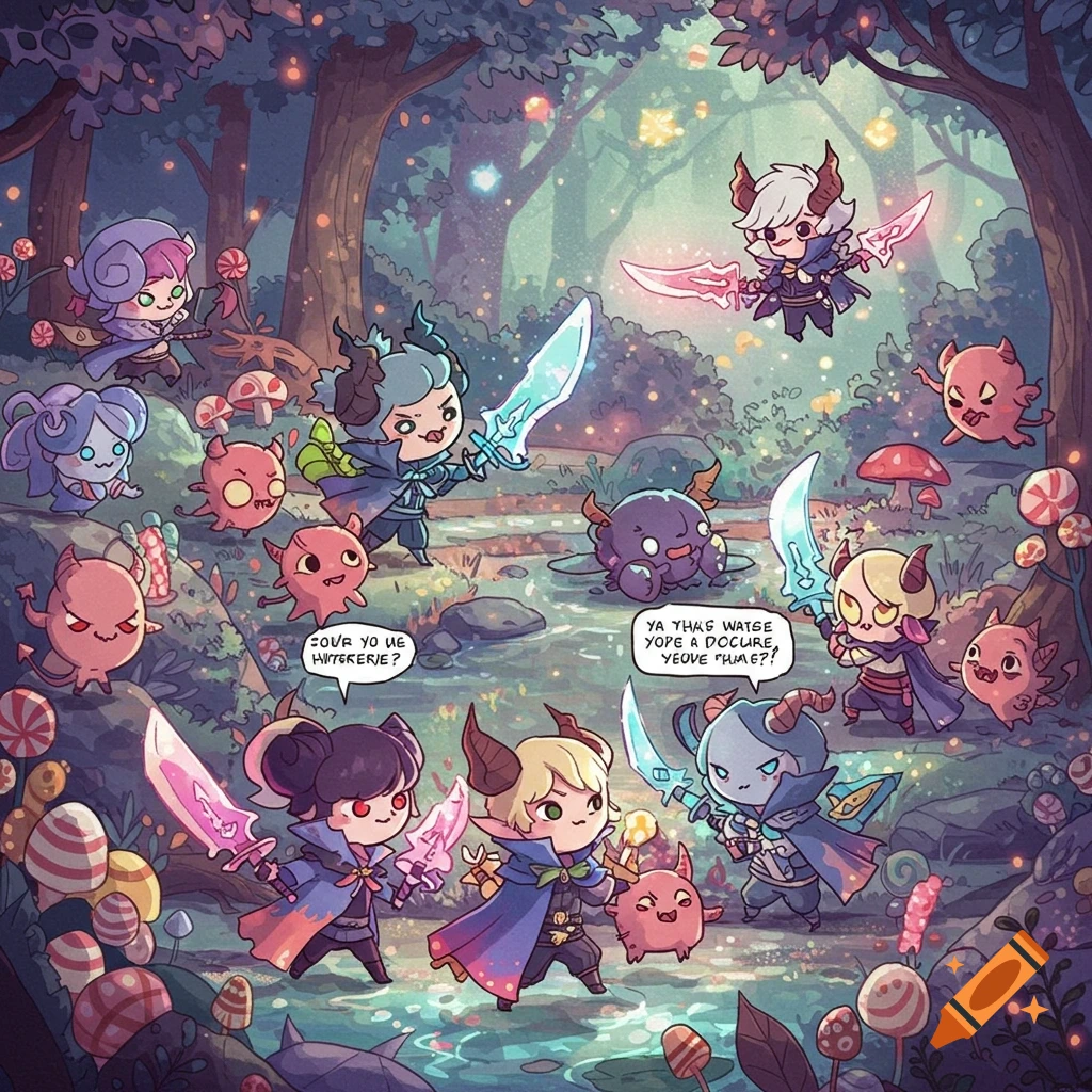 A whimsical, cartoonish scene with chibi-style demon hunter characters wielding glowing swords, battling small red demons in a magical forest filled with oversized candy and mushrooms.