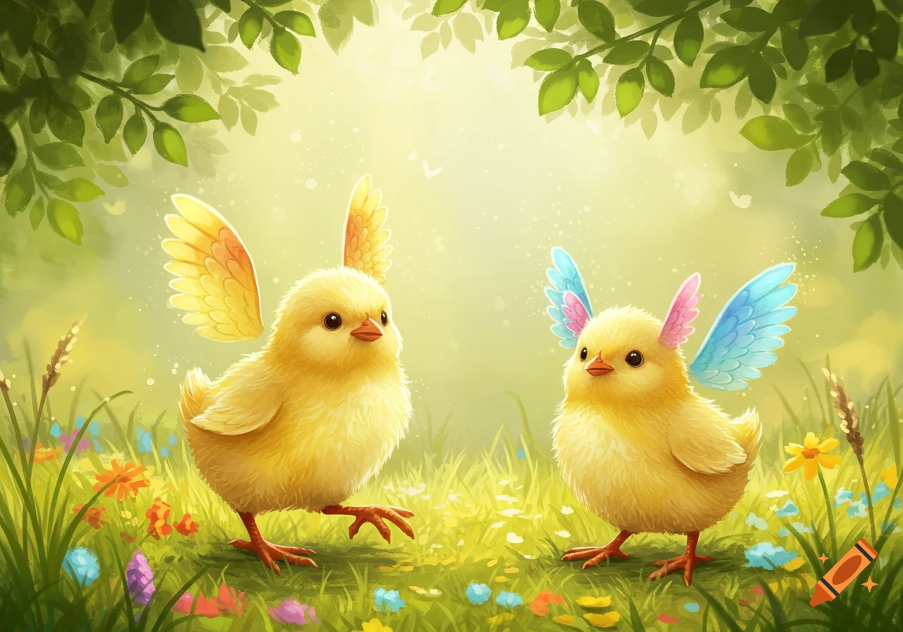 Two fluffy yellow chicks with colorful wings stand in a vibrant, sunlit spring meadow with green grass and wildflowers, in a whimsical illustration style.