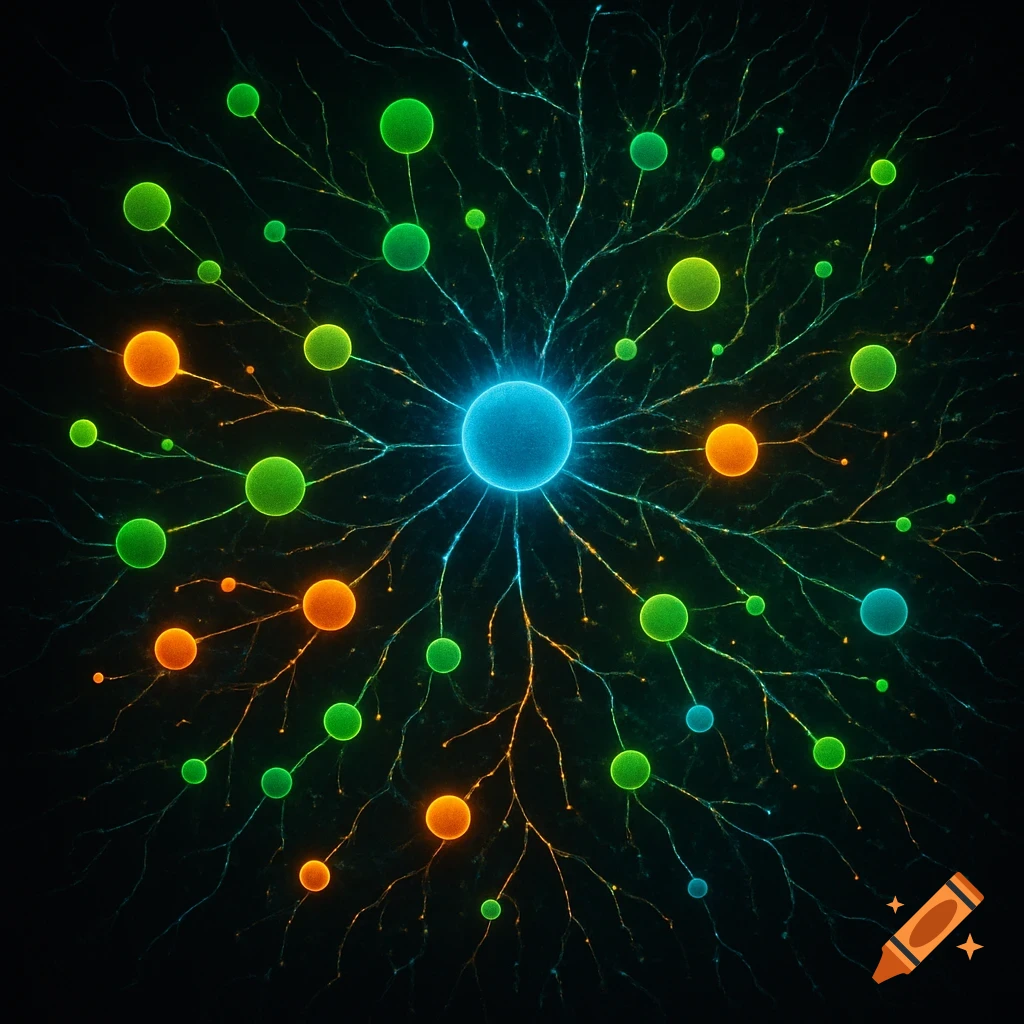 Abstract digital art of a glowing blue central sphere with branching lines connecting to smaller green, orange, and blue spheres on a black background.