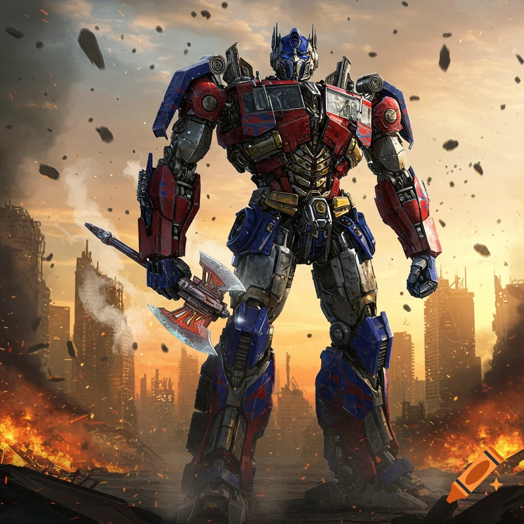 Optimus Prime stands amidst a burning, ruined city, holding a glowing battle axe, under an orange sky.