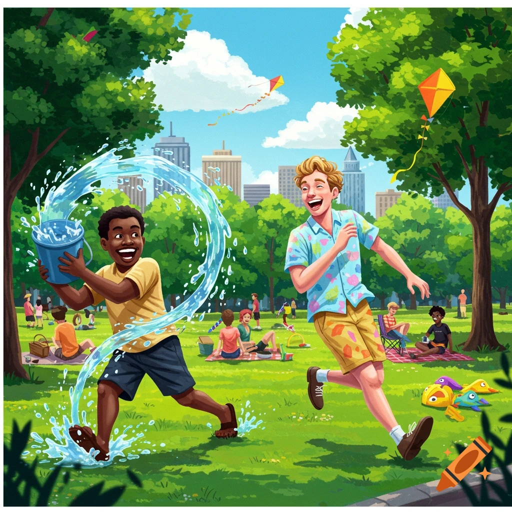 A Black man splashes water from a blue bucket at a laughing White man in a sunny park with trees and a city skyline in the background. Cartoon style.