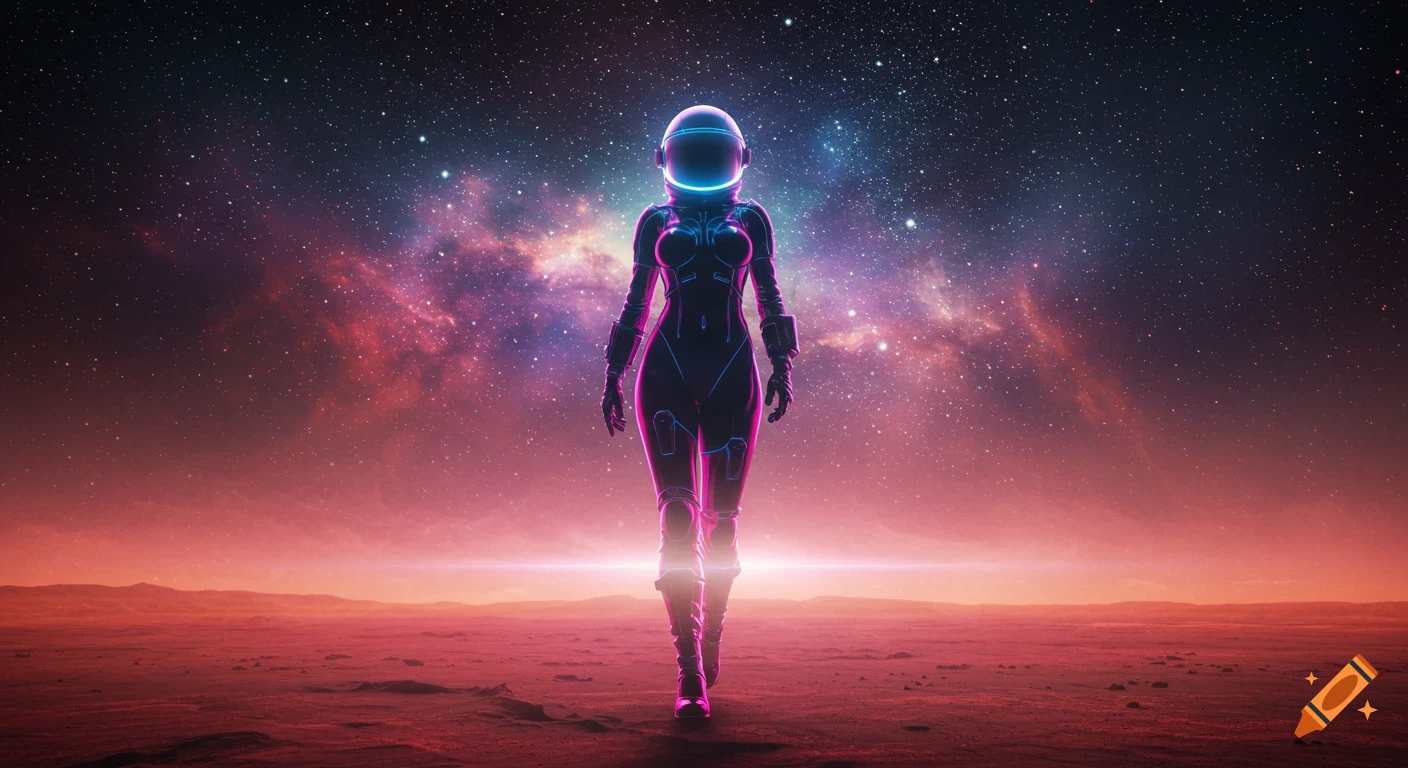 A female astronaut with glowing neon lines on her suit walks on the surface of Mars under a starry nebula sky, synthwave digital art.