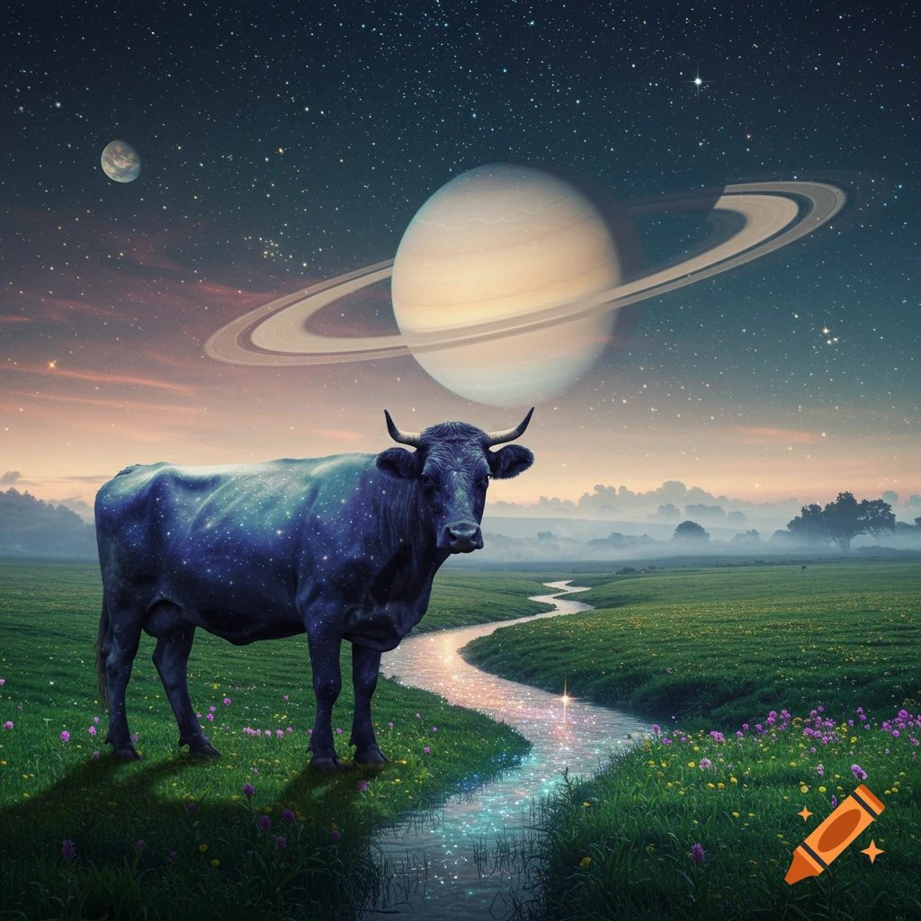 A surreal, starry cow stands in a green field by a glowing stream under a night sky with Saturn and a moon.