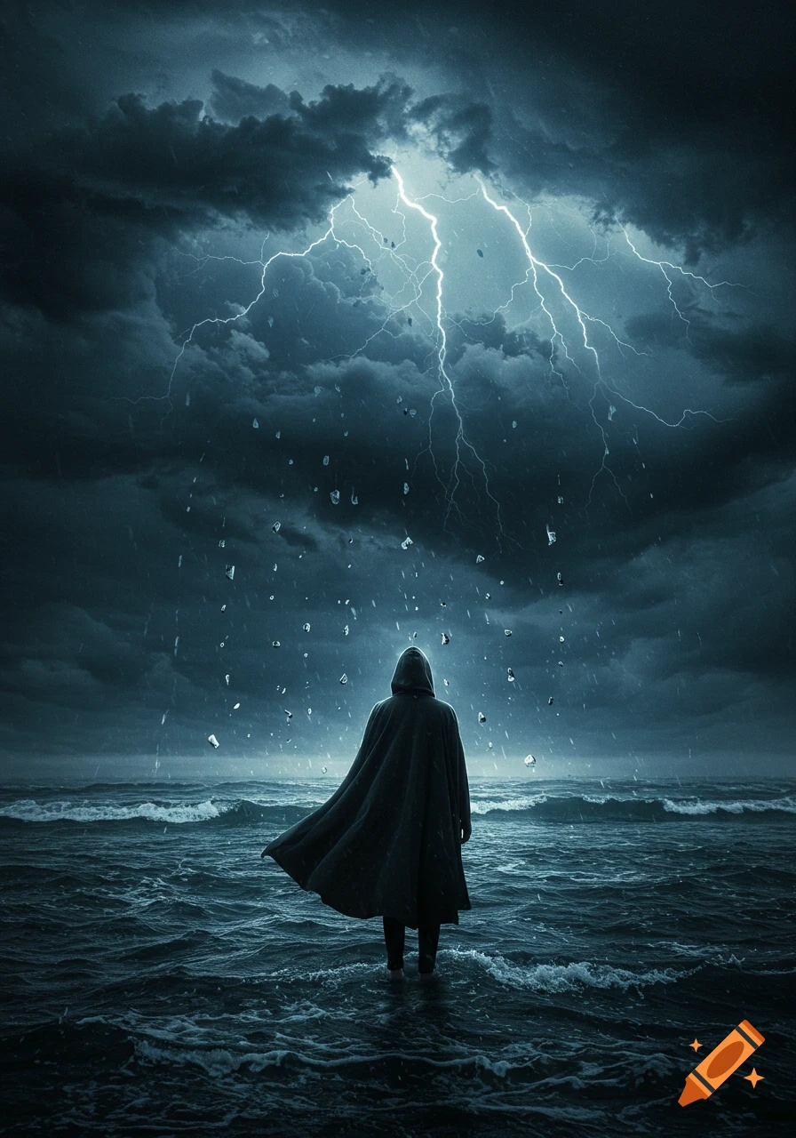 A cloaked figure stands in a dark, turbulent ocean under a stormy sky with lightning, dramatic and atmospheric.