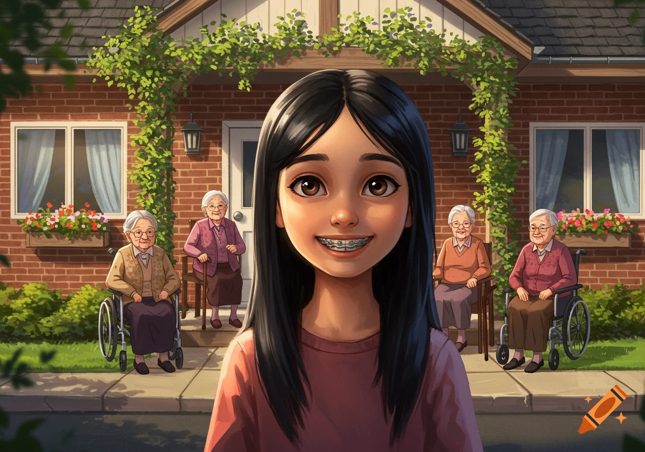 Illustration of a smiling girl with braces, with four elderly people sitting outside a brick retirement home.