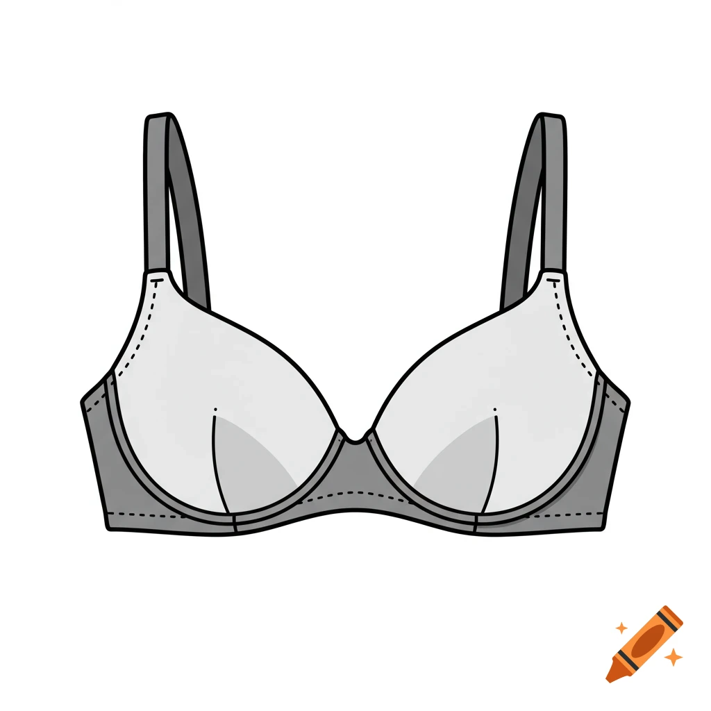 Line art illustration of a white and grey bra with visible front seams.