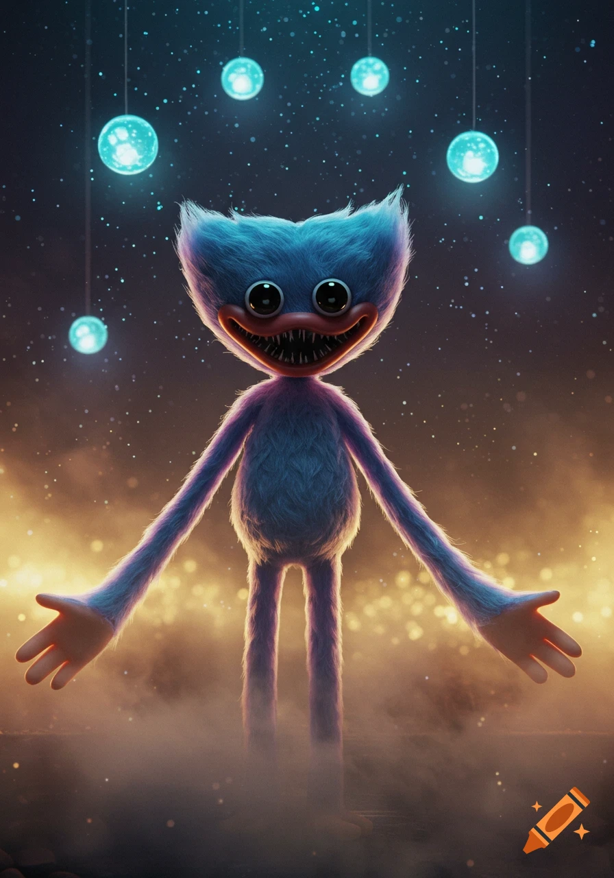 A blue, furry monster with a wide, toothy smile and big eyes stands under glowing blue orbs against a dark, starry sky with golden light.