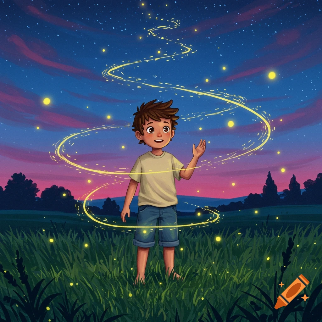 An illustrated young boy waves in a grassy field at twilight, surrounded by glowing fireflies under a starry sky.