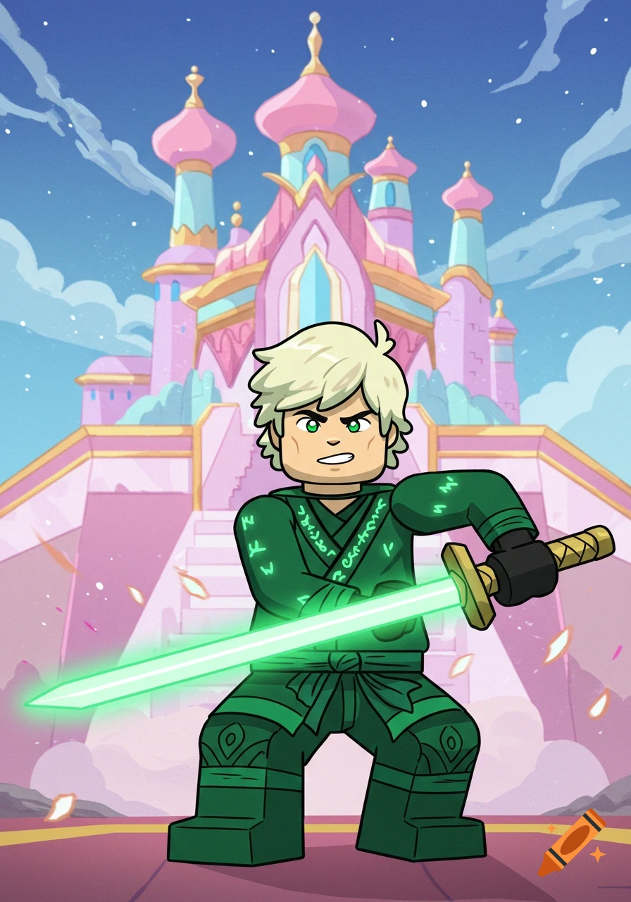 A full-body cartoon illustration of Lloyd from Ninjago in a green ninja suit, holding a glowing green sword in front of a pink palace.