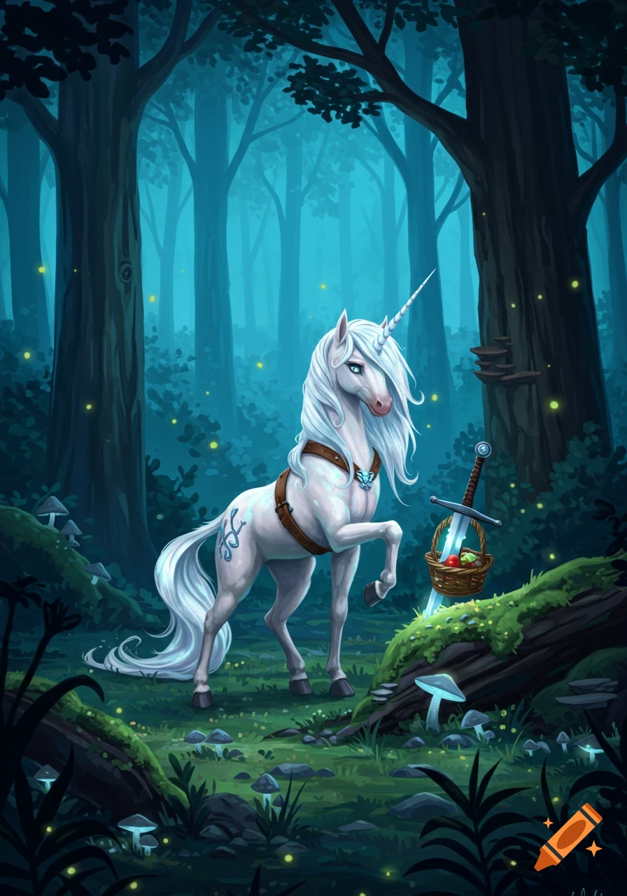 A white unicorn with a harness stands in a magical, blue-toned forest with glowing fireflies, beside a sword plunged into mossy ground.