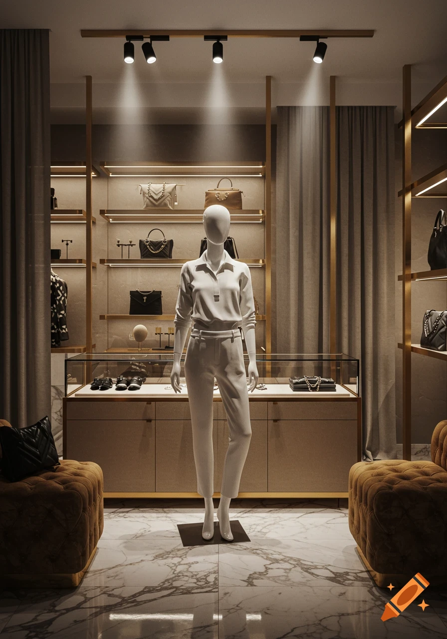 A white mannequin stands in a luxurious retail store with gold shelves, displaying handbags and shoes on a polished marble floor.