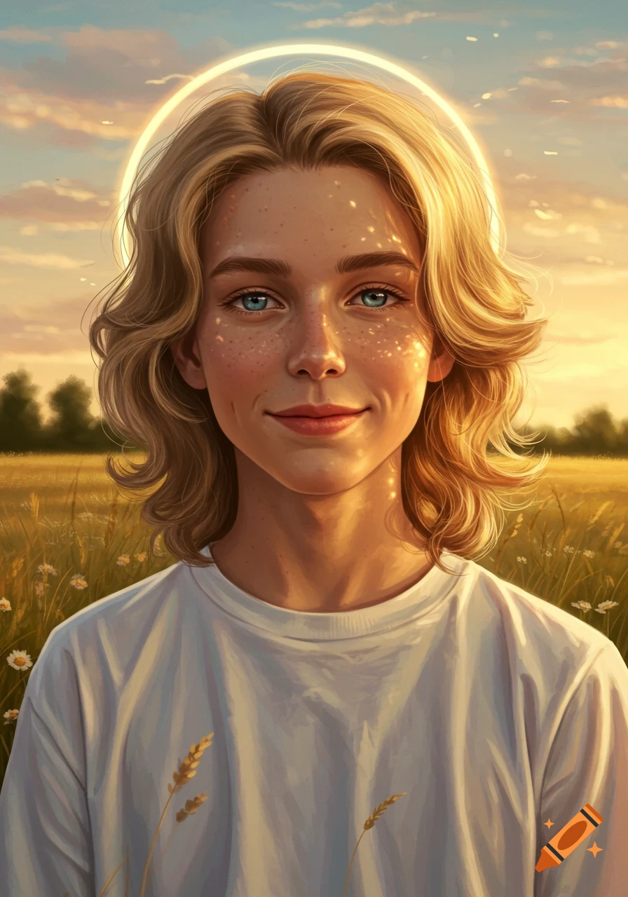 A smiling blond teen with a glowing halo and freckles stands in a sunlit field at sunset, digital painting.