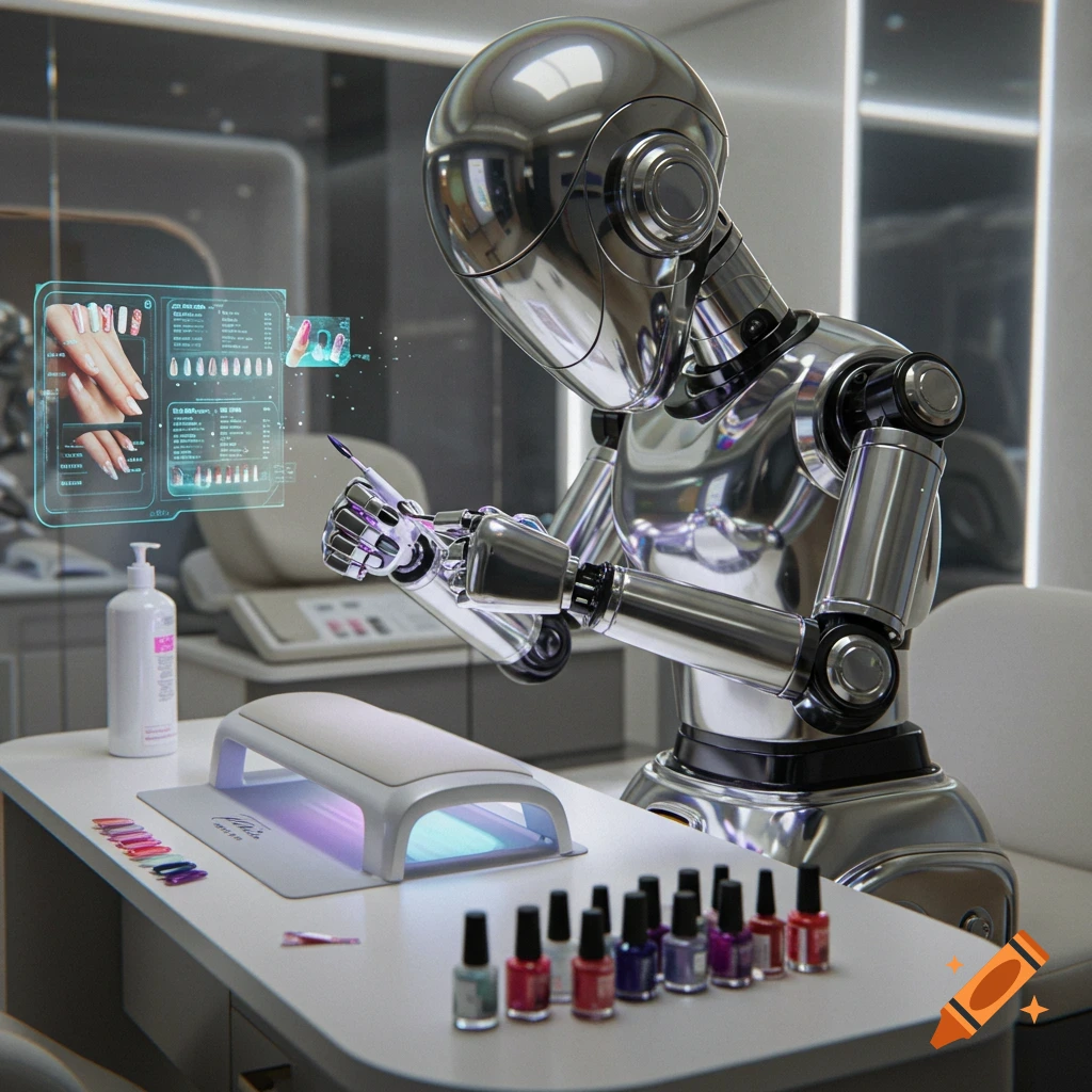 A shiny chrome robot gives itself a manicure in a futuristic salon, with a holographic screen displaying nail designs.