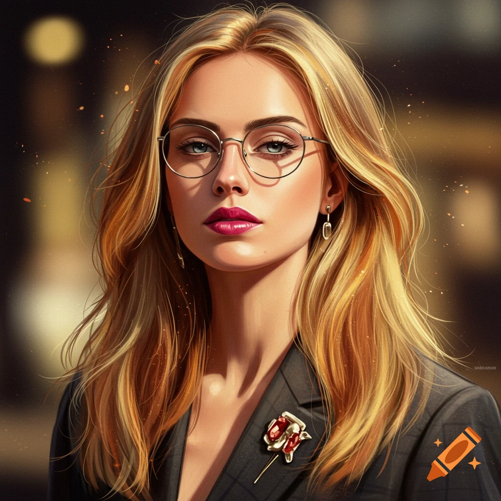 A realistic digital portrait of a woman with long blonde hair, glasses, pink lipstick, wearing a dark blazer with a red floral pin.