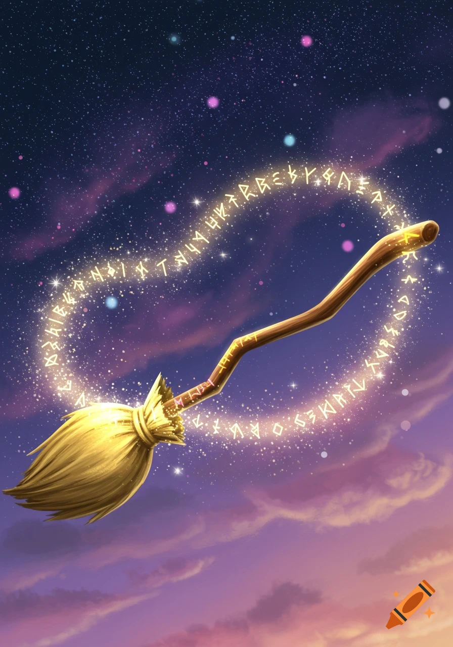 A golden witch's broom with a wooden handle flies through a starry night sky, leaving a trail of glowing runes.
