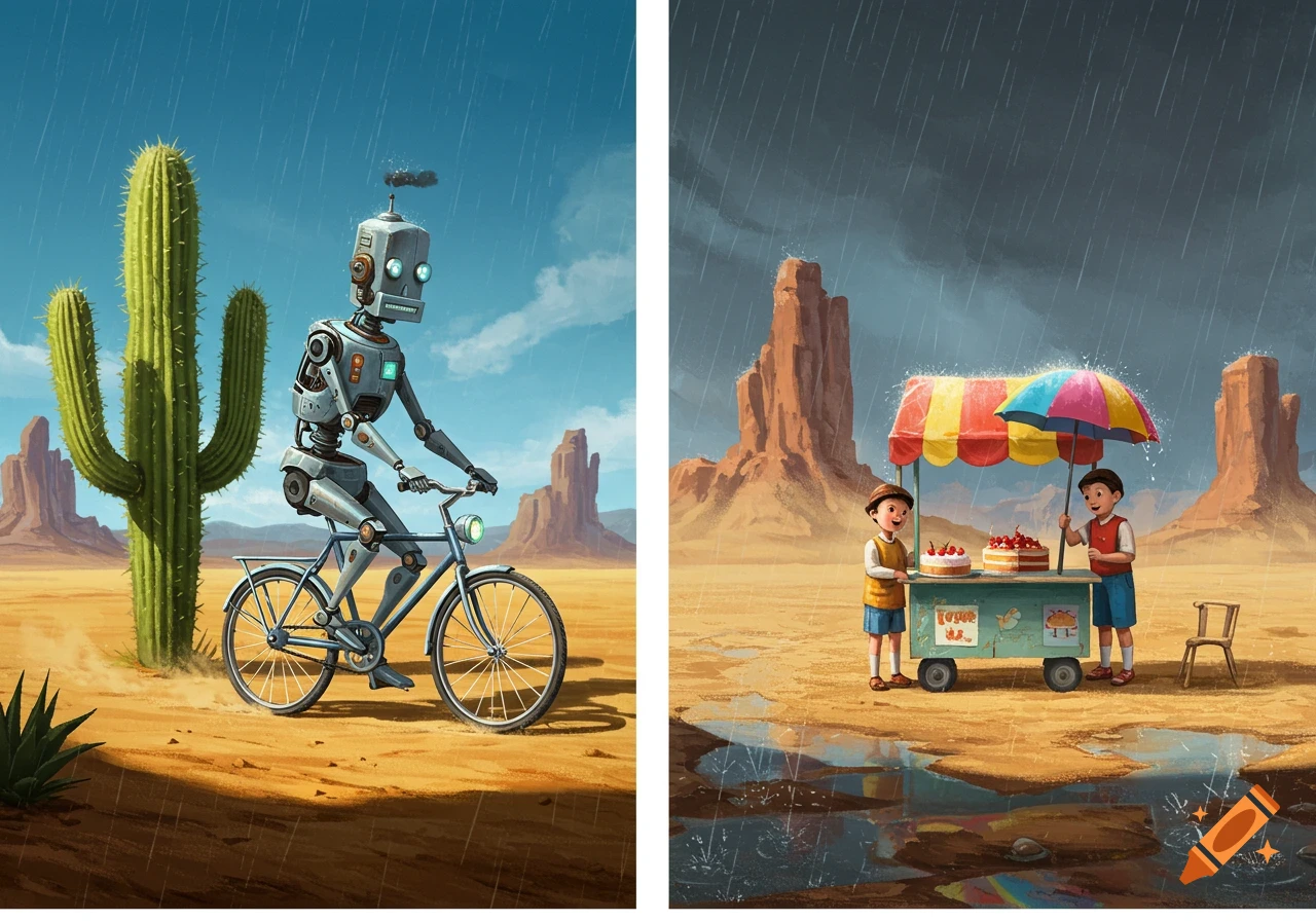 An illustrative diptych: a robot on a bicycle and two boys selling cakes, both in a rainy desert landscape.